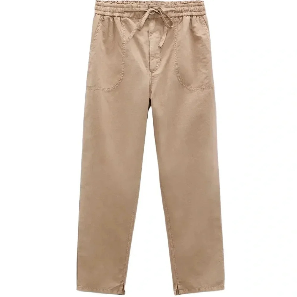 (NWOT) Zara High-Rise Cotton-Linen Jogger Pants -– Tan, Size 2